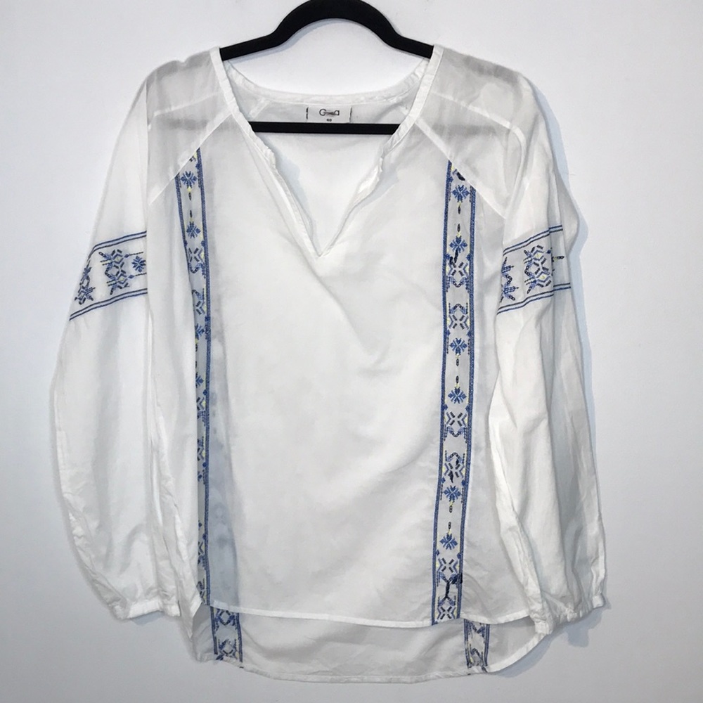 Chico's Sheer White Blouse with Blue Embroidery